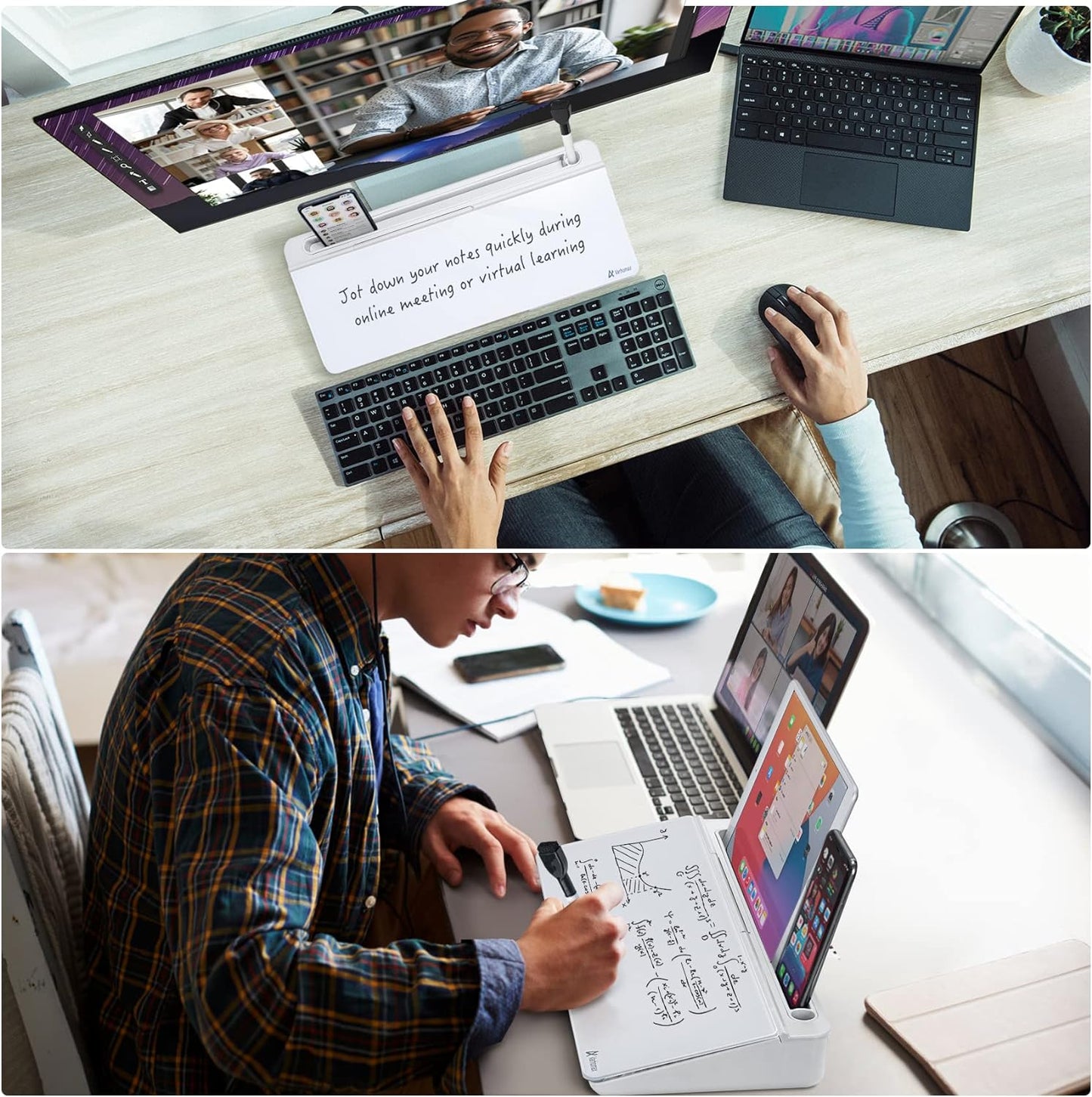 Desk Whiteboard Dry Erase Glass Whiteboard, Desktop White Board with Storage To-Do List Memo Notepad Desktop Buddy Keyboard Stand for Home Office and School Accessories Supplies (White)