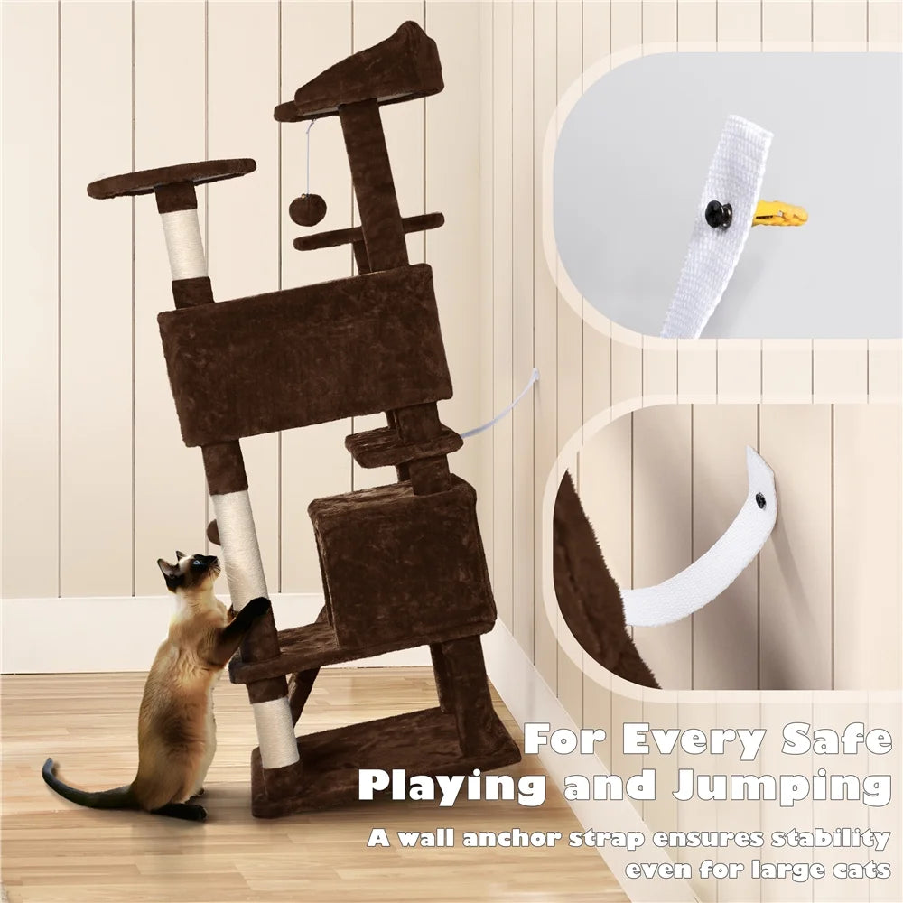 53.9" H Cat Tree with Double Condos, Scratching Posts & Ramp, Brown