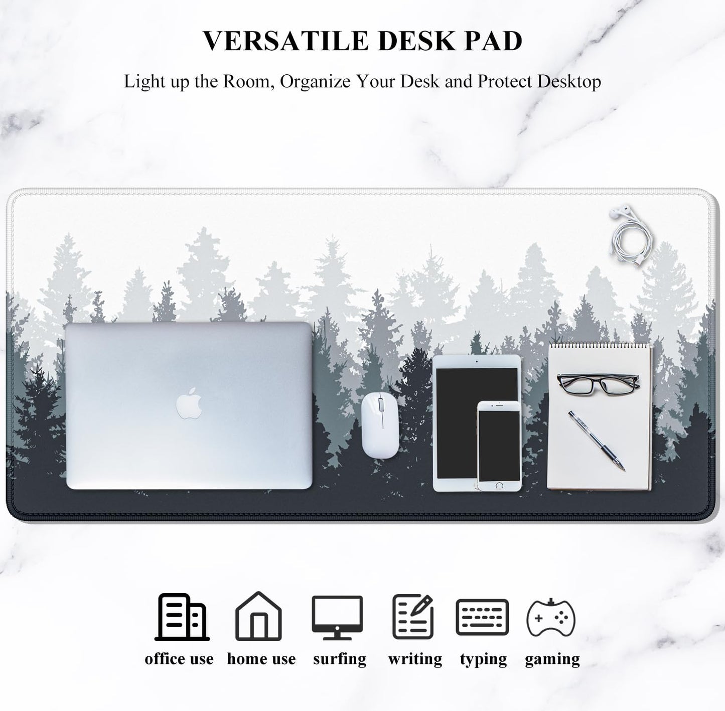 Large Mouse Pad, Full Desk XXL Extended Gaming Mouse Pad 35" X 15", Waterproof Desk Mat with Stitched Edge, Non-Slip Laptop Computer Keyboard Mousepad for Office & Home, Misty Forest Design