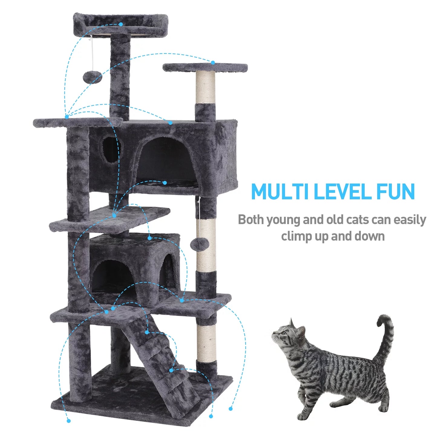 53-In Cat Tree & Condo Scratching Post Tower, Dark Gray