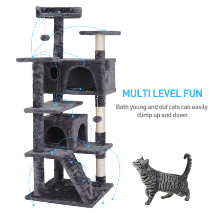 53-In Cat Tree & Condo Scratching Post Tower, Dark Gray