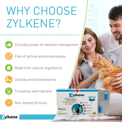 Zylkene Calming Support Supplement for Medium Dogs 33-65Lbs Promotes Relaxation, Reduces Stress, and Supports Occasional Anxiety Relief for Dogs, 225Mg - 14 Capsules