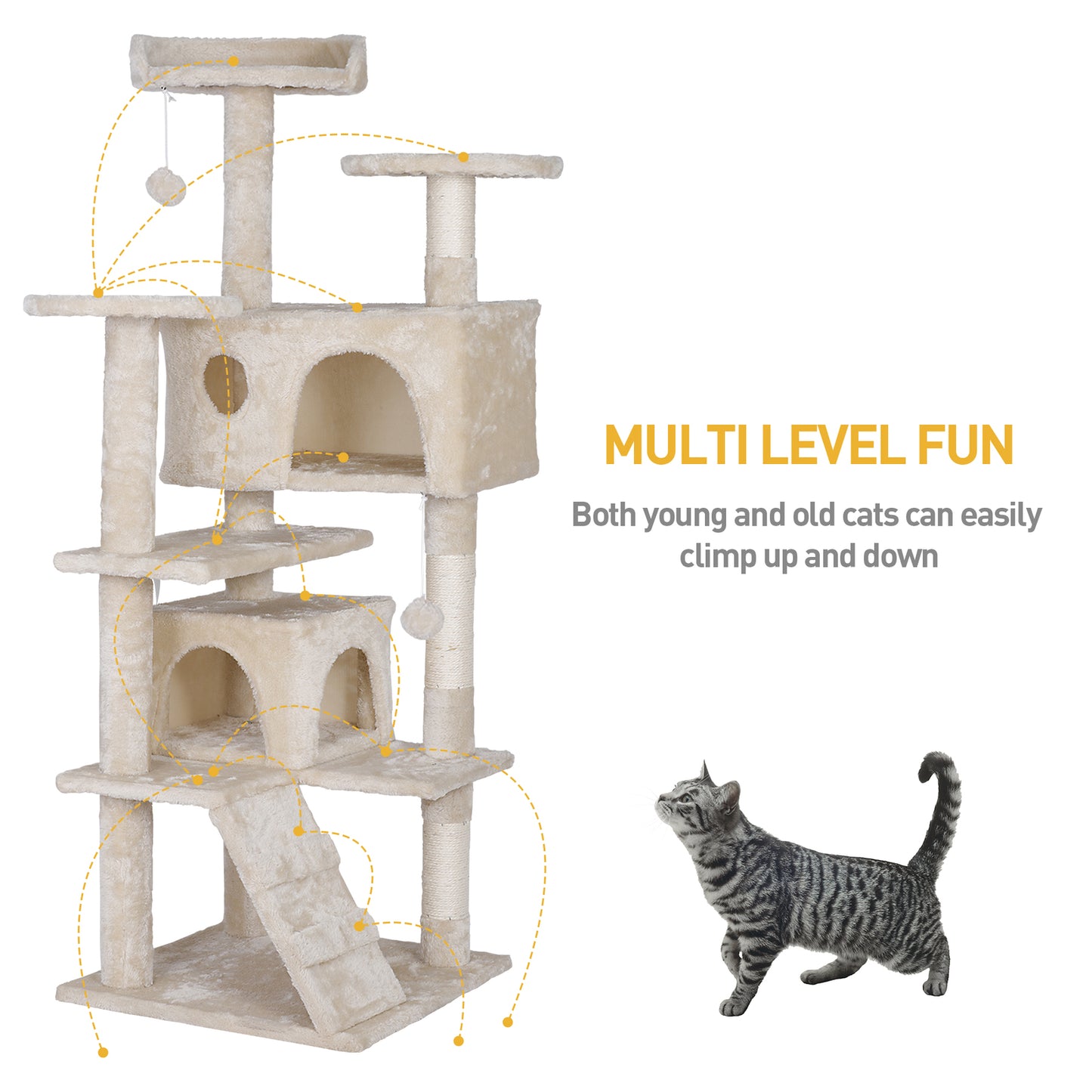 55'' Cat Tree Condo Scratching Post Sturdy Cat Activity Center Light Beige