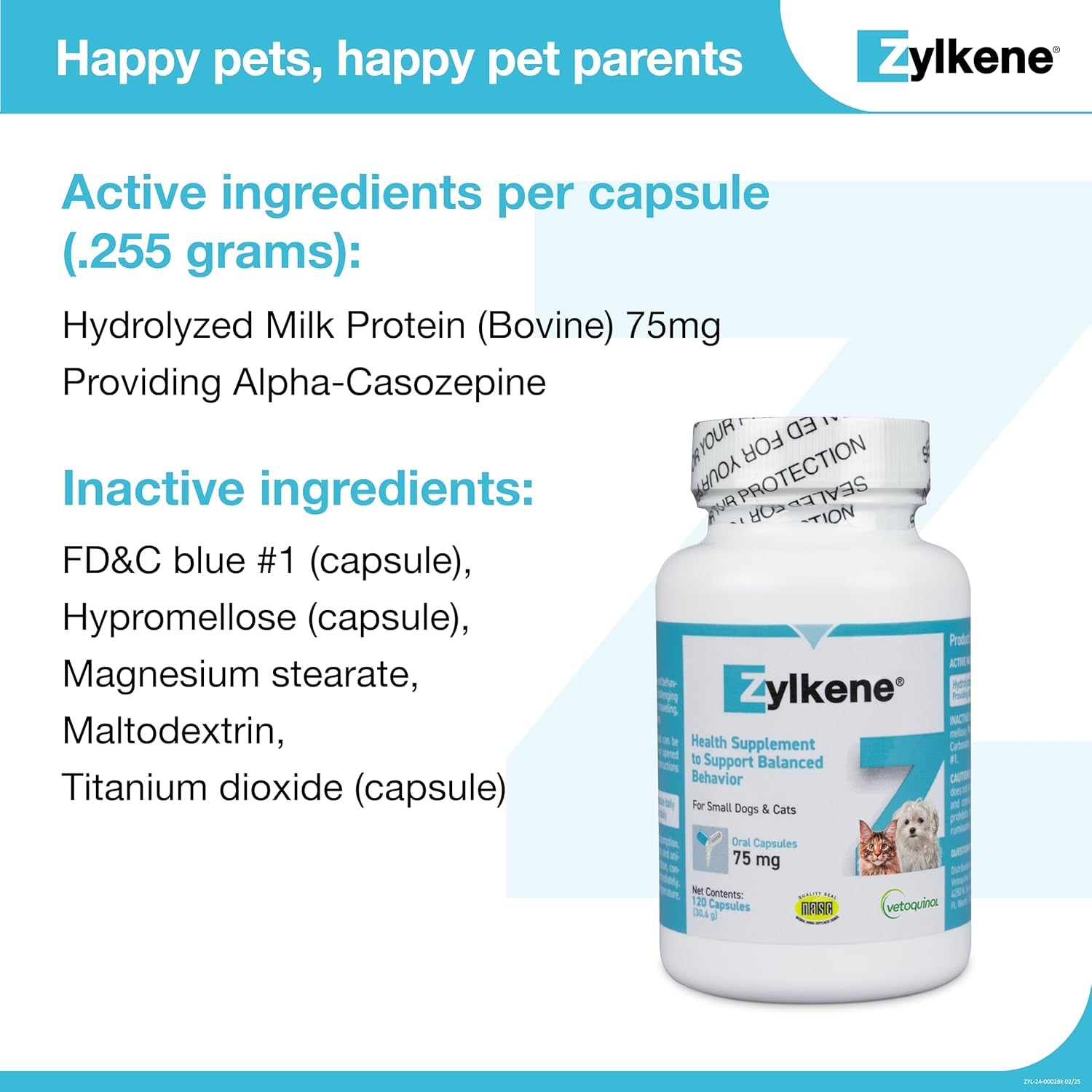 Zylkene Calming Support Supplement for Small Dogs and Cats, Helps Promote Relaxation and Reduce External Stress Factors, Daily Behavioral Support and Anxiety Relief for Dogs and Cats, 75Mg