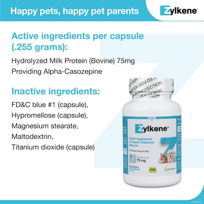 Zylkene Calming Support Supplement for Small Dogs and Cats, Helps Promote Relaxation and Reduce External Stress Factors, Daily Behavioral Support and Anxiety Relief for Dogs and Cats, 75Mg