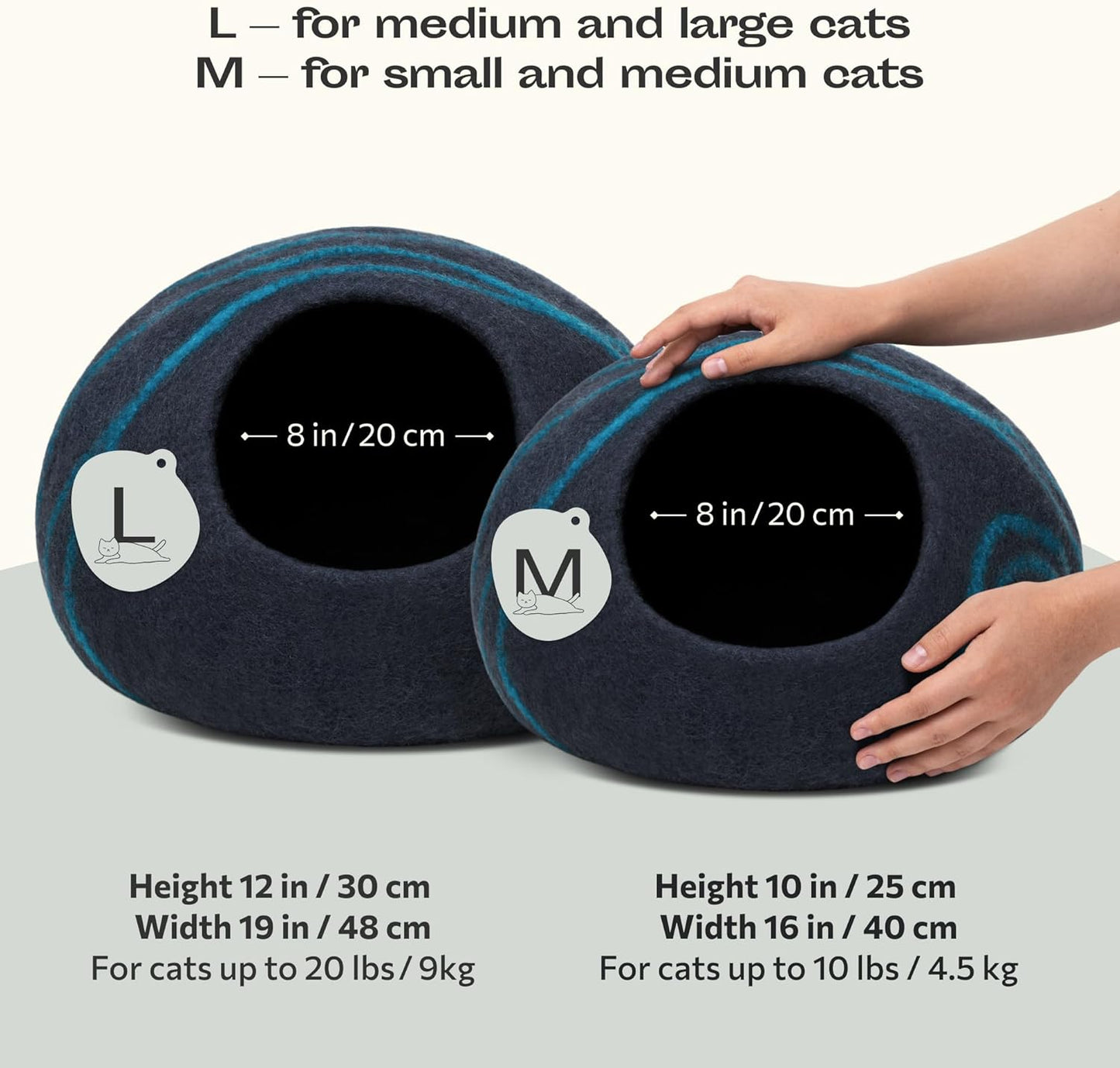 Cat Cave – Premium Felt Cat Bed for Indoor Cats, Handmade 100% Merino Wool (Large, Black Aqua)