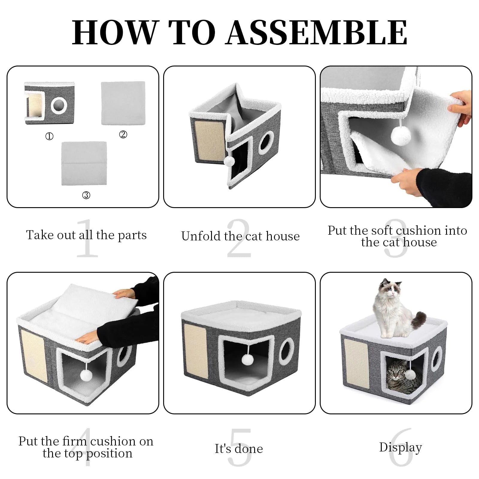 Cat Beds for Indoor Cats,Large Cat House for Pet Cat Cave with Scratch Pad and Fluffy Hanging Ball,Foldable Cat Cube Hideaway,Grey