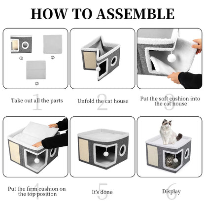 Cat Beds for Indoor Cats,Large Cat House for Pet Cat Cave with Scratch Pad and Fluffy Hanging Ball,Foldable Cat Cube Hideaway,Grey