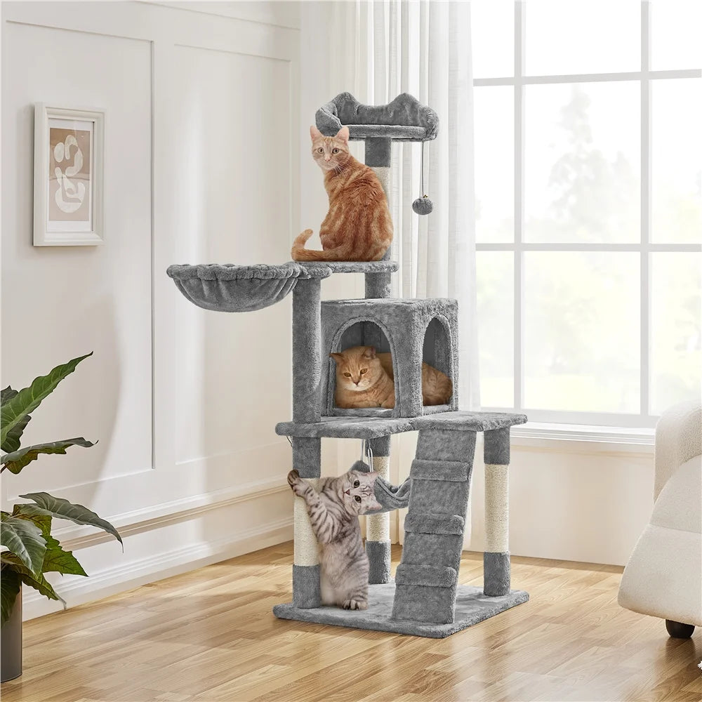 54" Cat Tree with Hammock, Basket and Scratching Post Tower, Light Gray