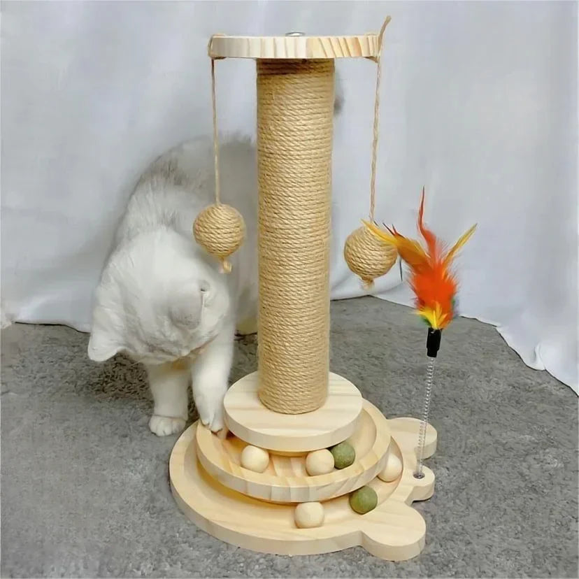 Cat Scratching Post - 4 in 1 Scratching Post, Wooden Cat Scratch Post with 2 Level Sisal Balls & 2 Sisal Hanging Balls for Indoor Kittens, Gifts