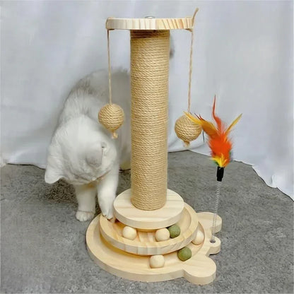 Cat Scratching Post - 4 in 1 Scratching Post, Wooden Cat Scratch Post with 2 Level Sisal Balls & 2 Sisal Hanging Balls for Indoor Kittens, Gifts