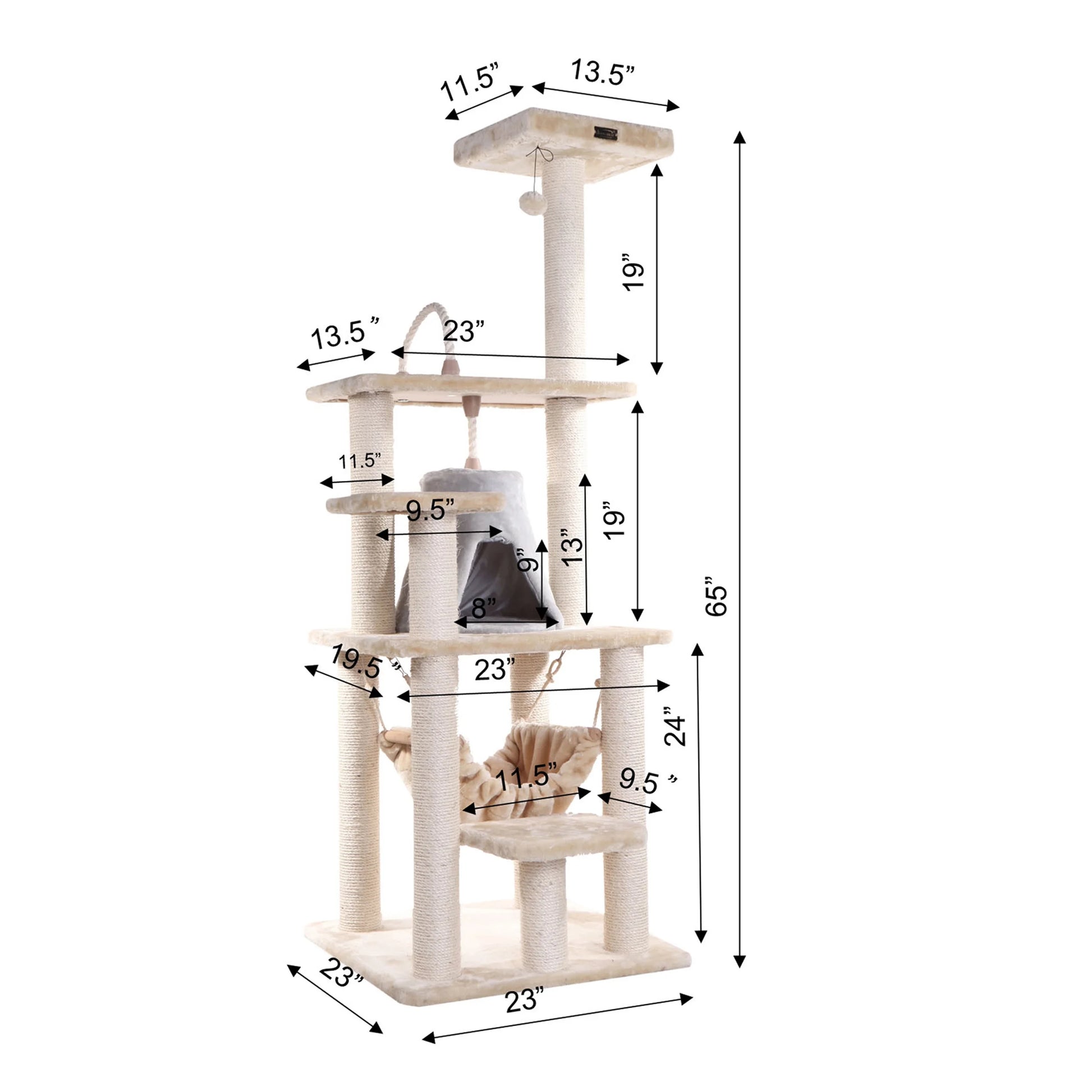 65-In Real Wood Cat Tree & Condo Scratching Post Tower, Beige
