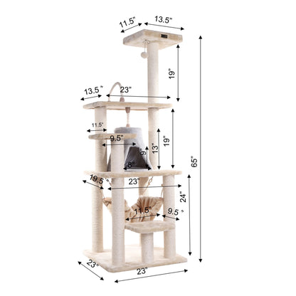 65-In Real Wood Cat Tree & Condo Scratching Post Tower, Beige