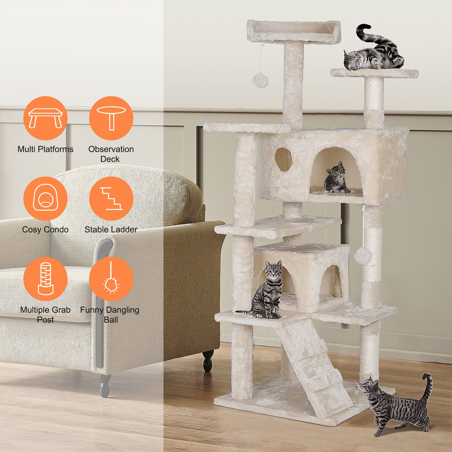 55'' Cat Tree Condo Scratching Post Sturdy Cat Activity Center Light Beige