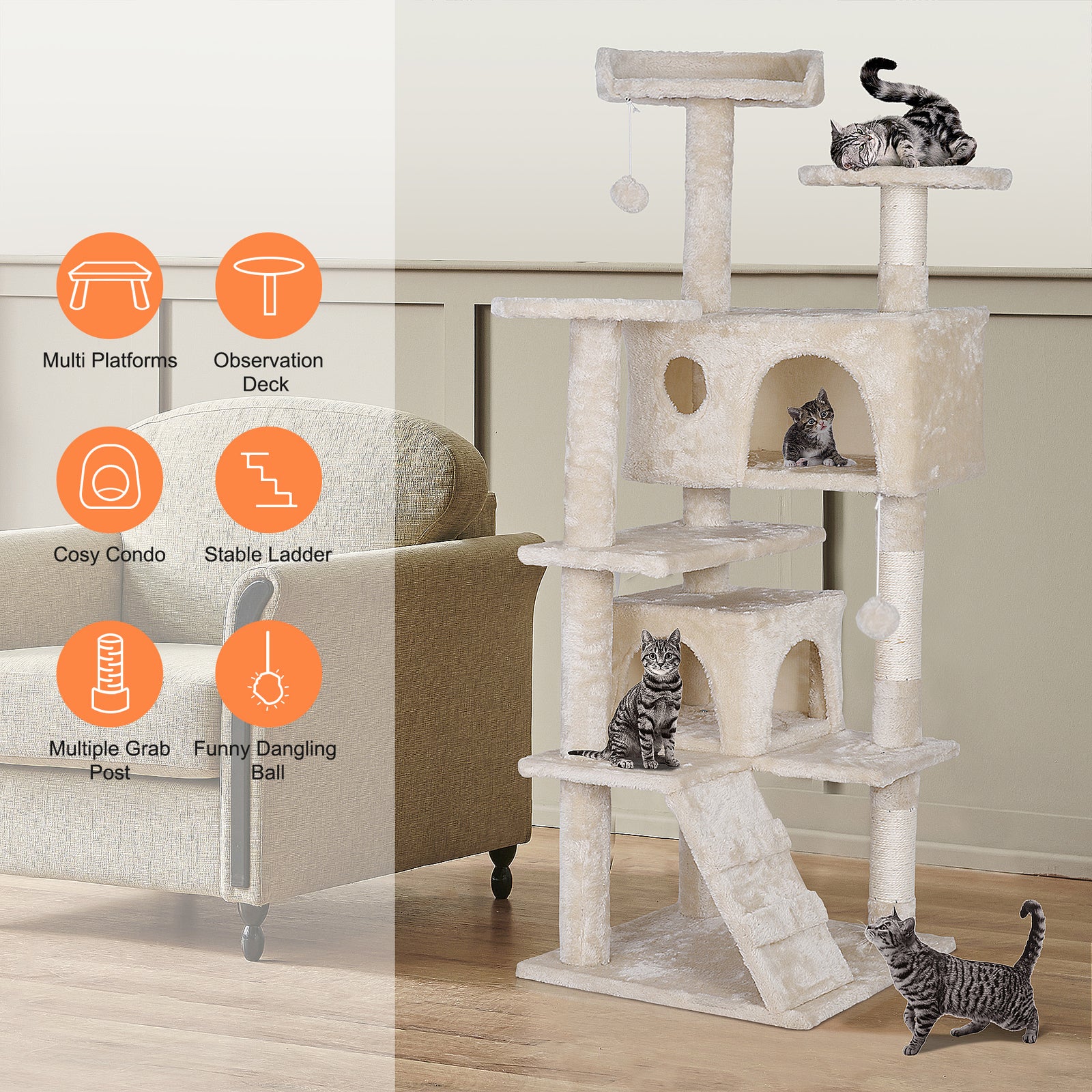 55'' Cat Tree Condo Scratching Post Sturdy Cat Activity Center Light Beige