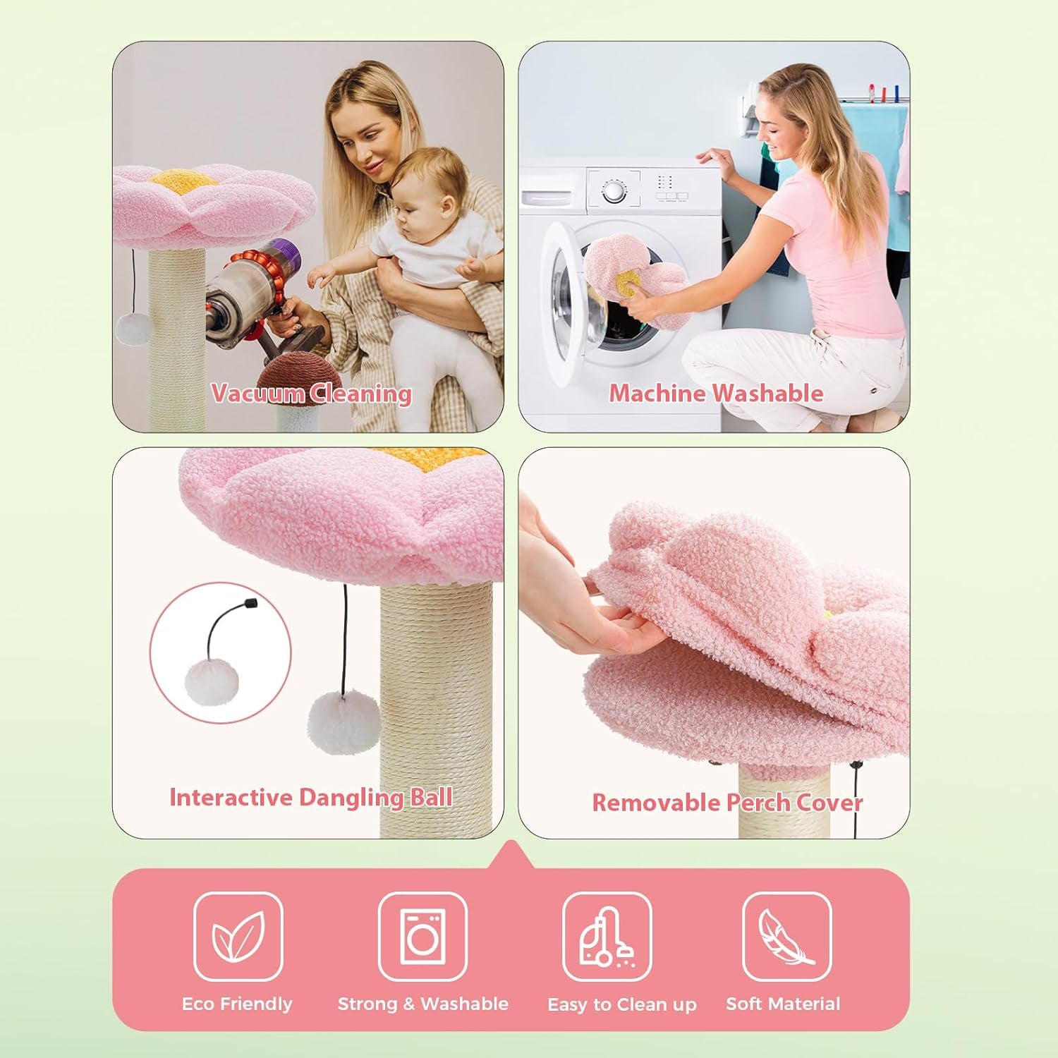 Cat Scratching Post, Mushroom Cat Scratcher Cute Cat Tree Tower with Thick Scratching Post & Removable Flower Cats Bed [Dia=15.7''], Tall Post for Kittens and Indoor, Pink