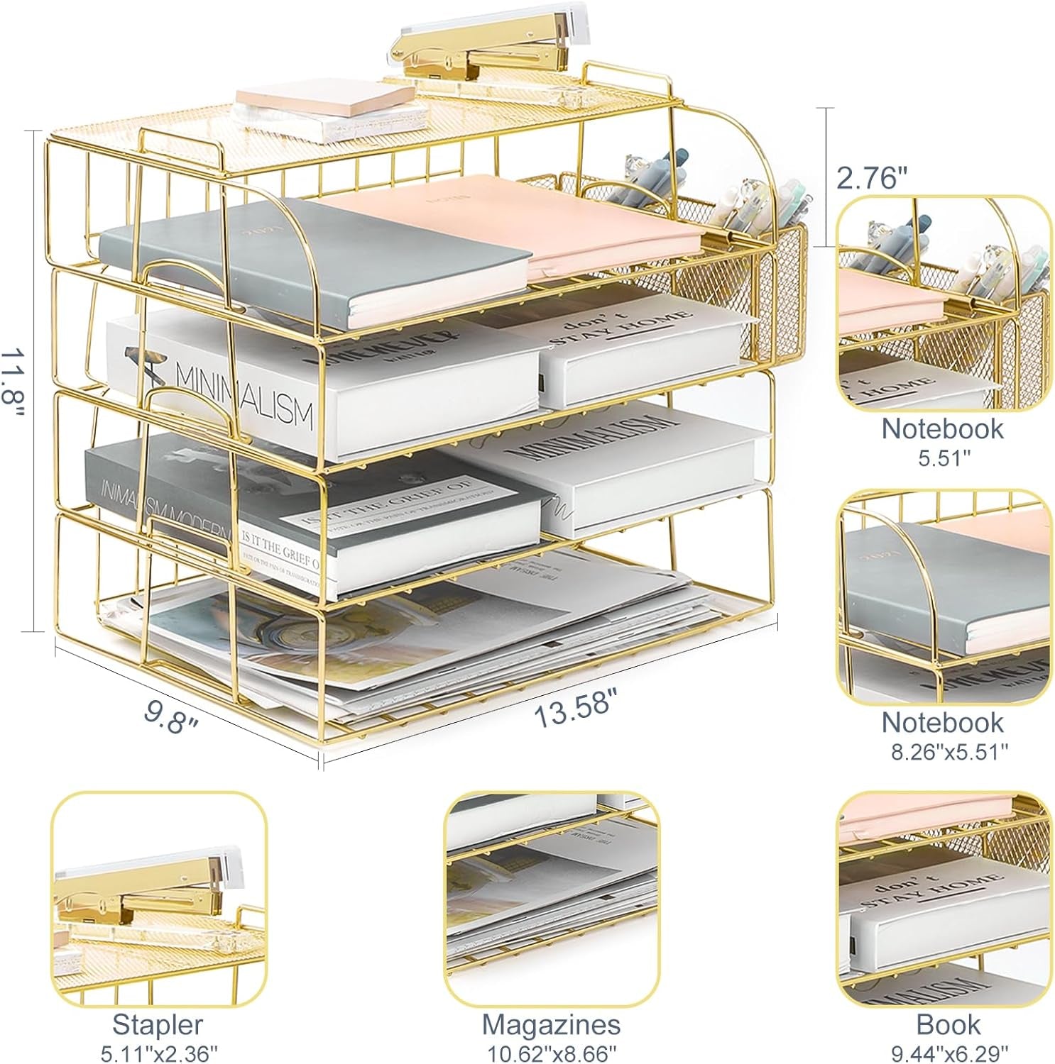 TNELTUEB 6 Tier Stackable Letter Tray, Rose Gold File Organizer Desk Organizers and Accessories for Women with 1 Upper Display Shelf for School