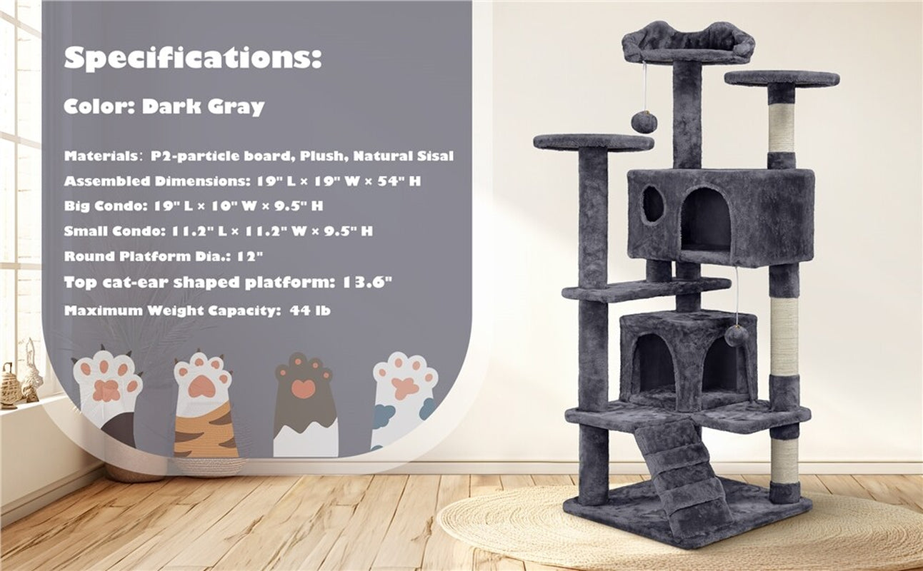 54In Cat Tree Tower Condo with Scratching Post for Kittens Pet House Furniture