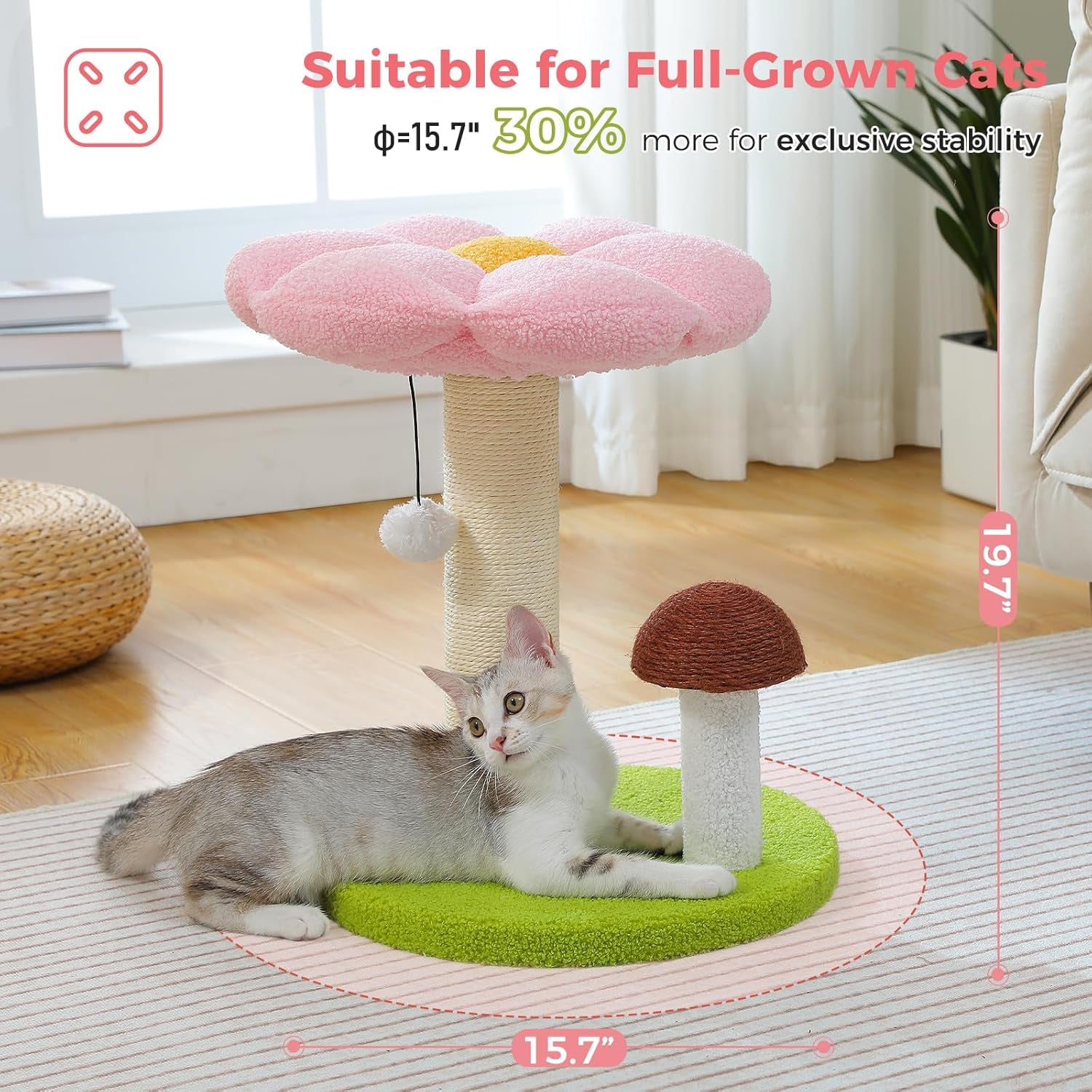 Cat Scratching Post, Mushroom Cat Scratcher Cute Cat Tree Tower with Thick Scratching Post & Removable Flower Cats Bed [Dia=15.7''], Tall Post for Kittens and Indoor, Pink