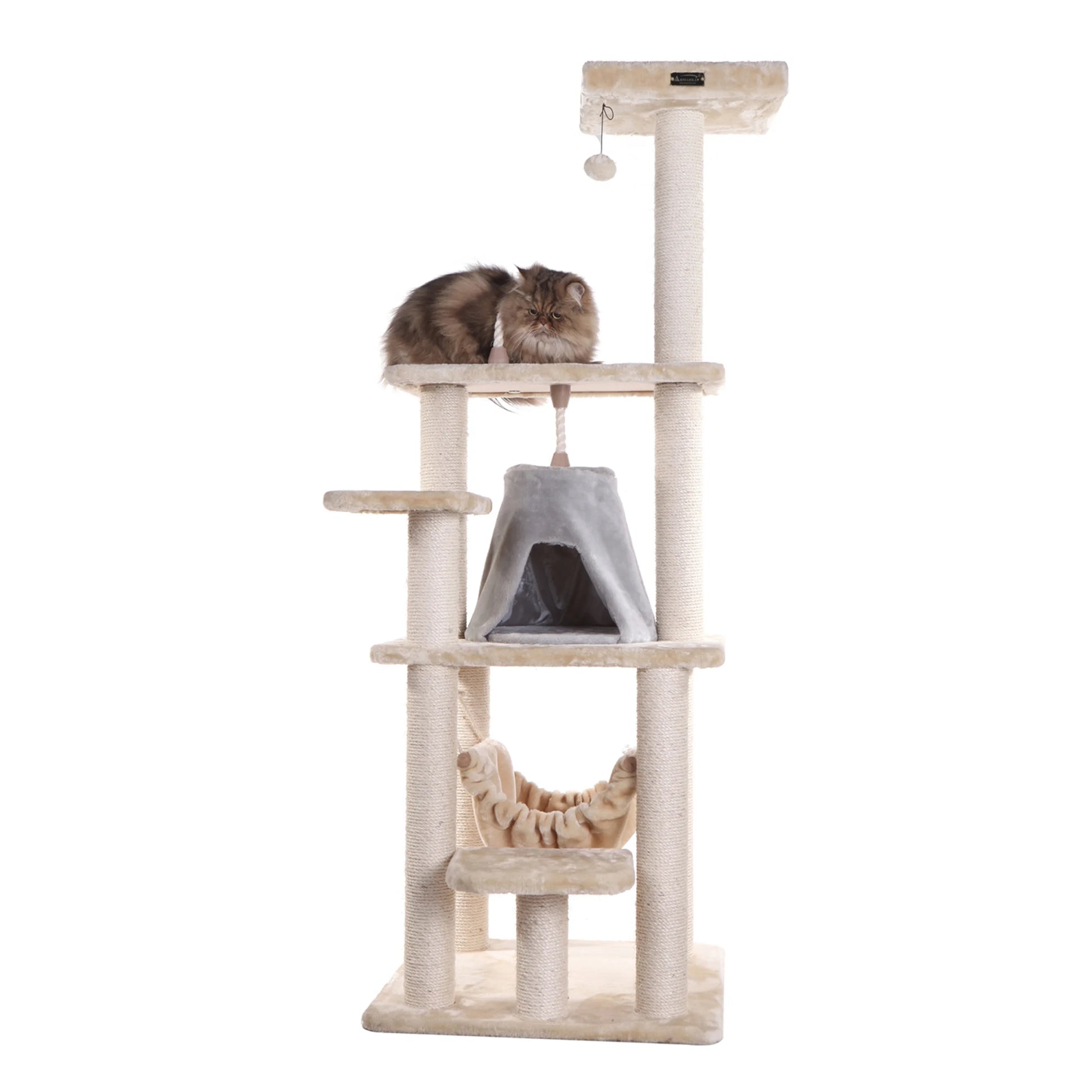 65-In Real Wood Cat Tree & Condo Scratching Post Tower, Beige