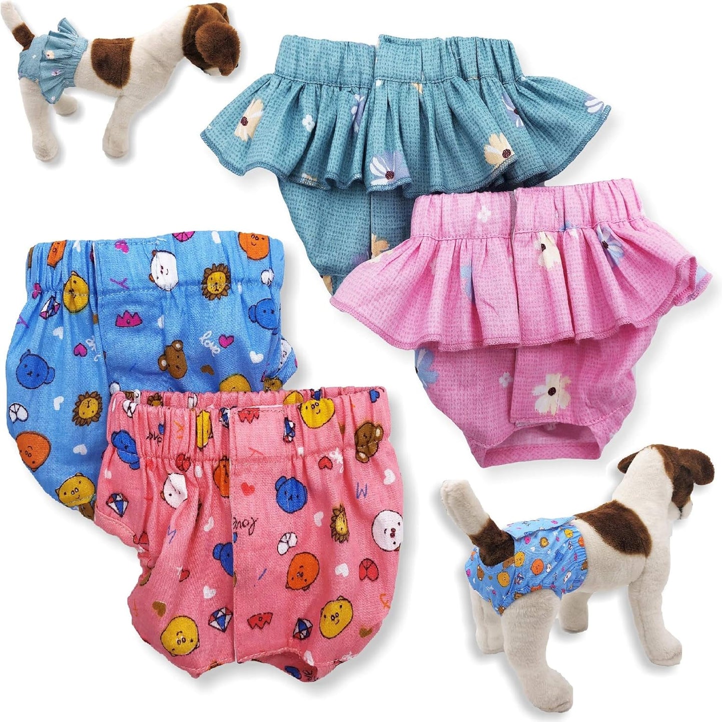 Pack of 4 Dog Female Diapers Sanitary Pants and Skirts Cotton for Small Pet Cat (Pack of 4 - Skirts & Pants, M: Waist: 13" - 16")