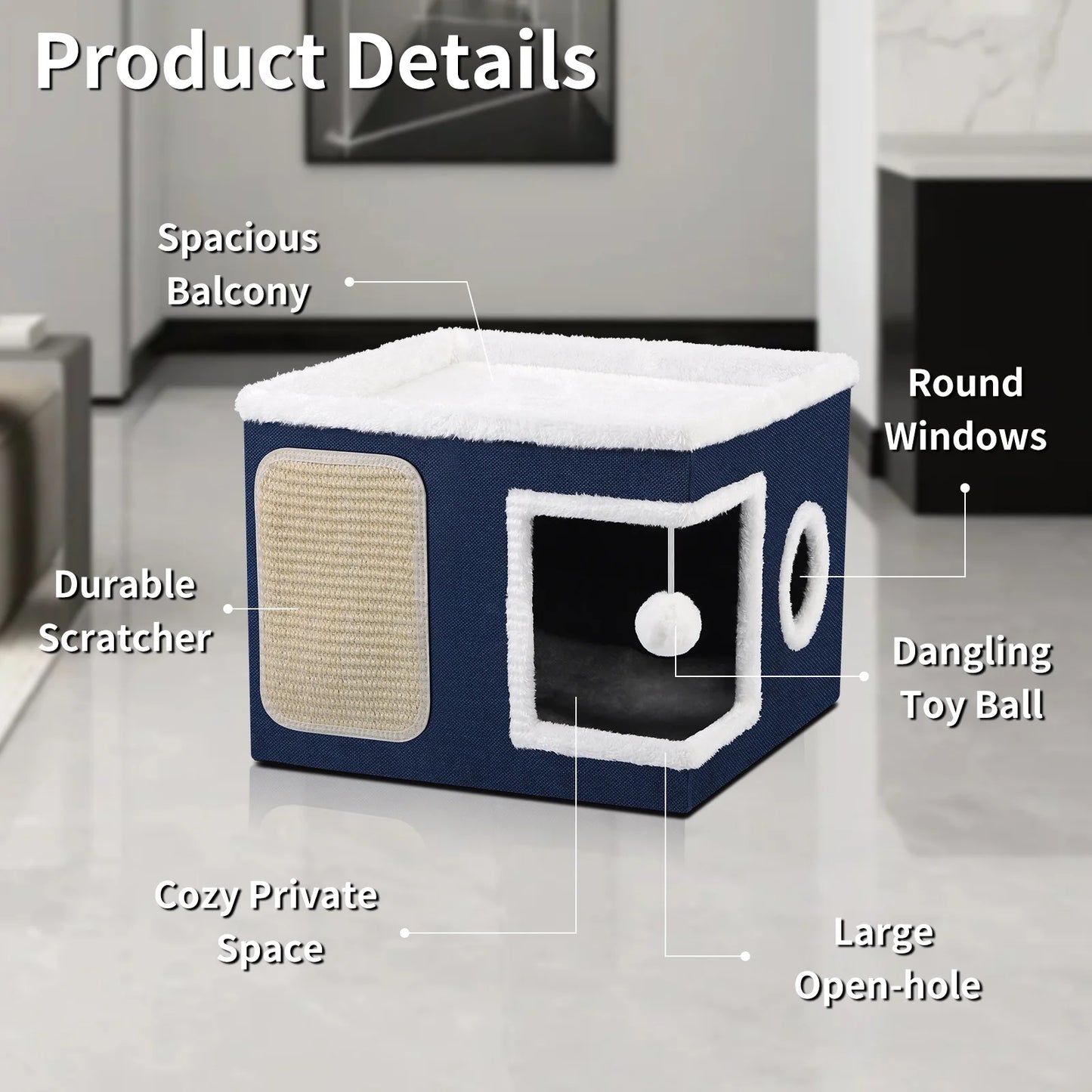 Cat Beds for Indoor Cats,Large Pet Beds for Cats, Cat Cave with Cozy Condo and Scratch Pad,Foldable Cat Cube Hideaway,Blue