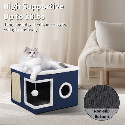 Cat Beds for Indoor Cats,Large Pet Beds for Cats, Cat Cave with Cozy Condo and Scratch Pad,Foldable Cat Cube Hideaway,Blue