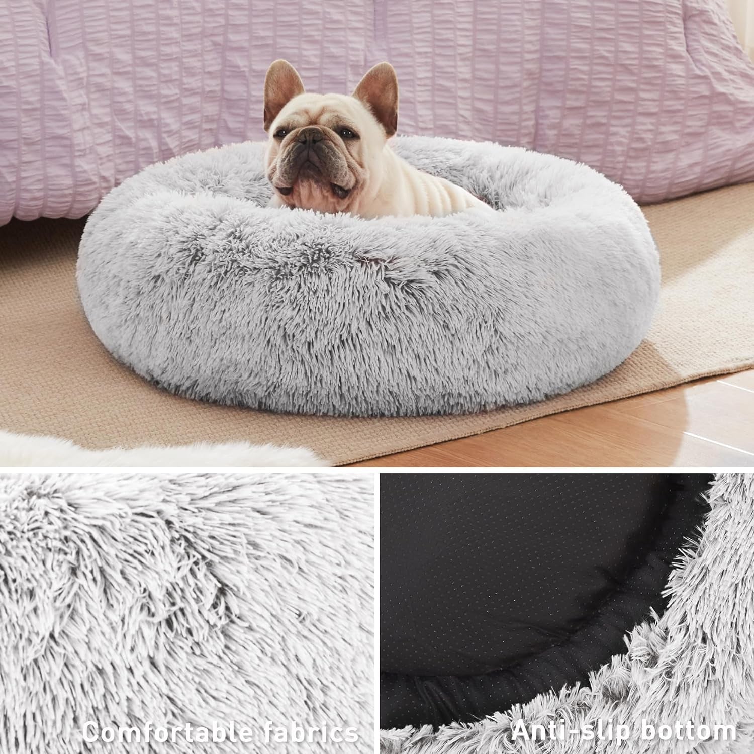 Calming Cat Bed for Indoor Cats,Anti-Anxiety Donut round Dog Bed,Fluffy Faux Fur Washable Pet Bed for Small Medium Dogs and Cats,Grey,24In