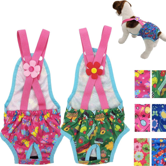 Pack of 2 Female Dog Diapers Sanitary Pantie Washable Reusable with Suspenders Stay on for Small Pet (XS: Waist 12" - 14", Pink Butterfly and Green Cupcake)