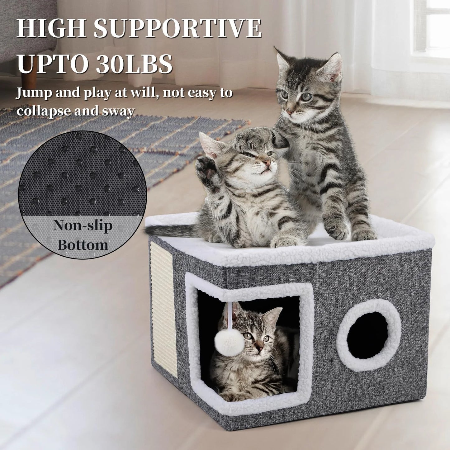 Cat Beds for Indoor Cats,Large Cat House for Pet Cat Cave with Scratch Pad and Fluffy Hanging Ball,Foldable Cat Cube Hideaway,Grey