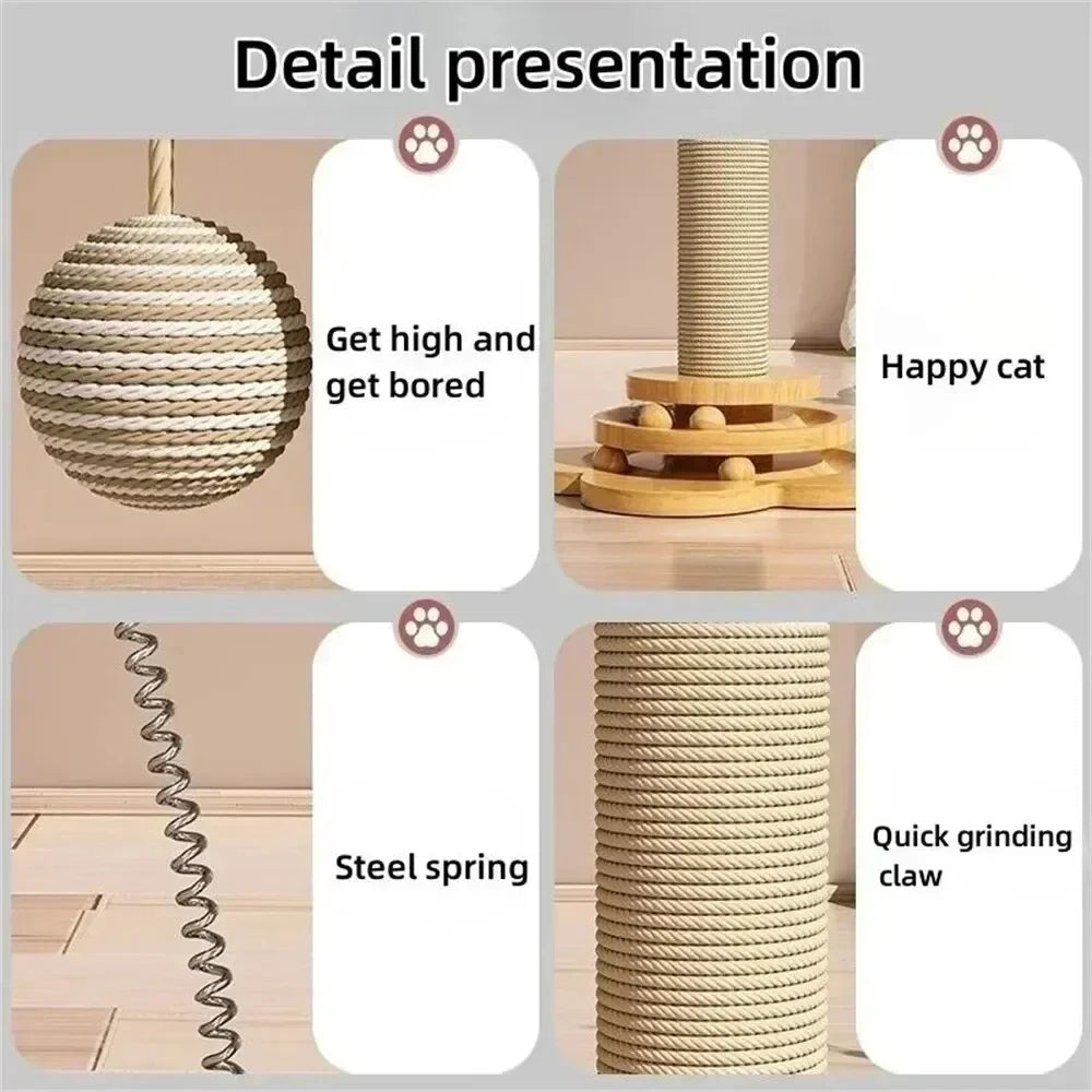 Cat Scratching Post - 4 in 1 Scratching Post, Wooden Cat Scratch Post with 2 Level Sisal Balls & 2 Sisal Hanging Balls for Indoor Kittens, Gifts