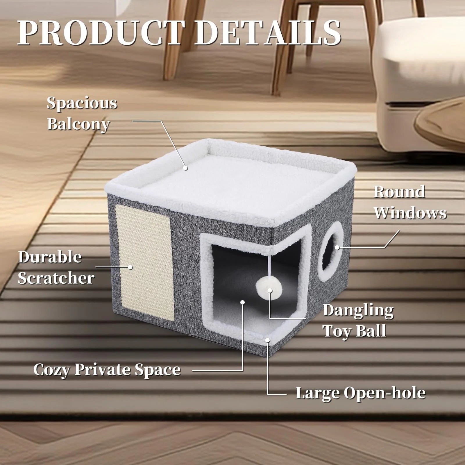 Cat Beds for Indoor Cats,Large Cat House for Pet Cat Cave with Scratch Pad and Fluffy Hanging Ball,Foldable Cat Cube Hideaway,Grey