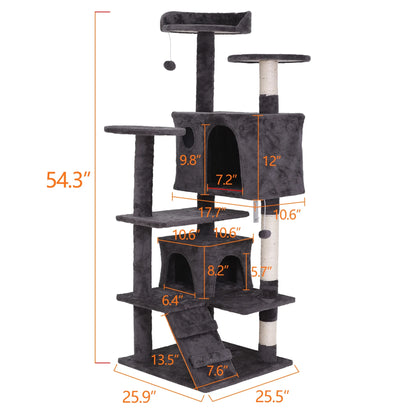 55-In Cat Tree & Condo Scratching Post Tower, Dark Gray