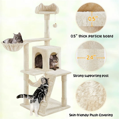 54" Cat Tree with Hammock, Basket and Scratching Post Tower, Beige