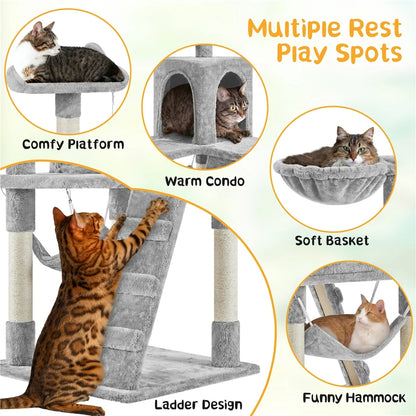 54" Cat Tree with Hammock, Basket and Scratching Post Tower, Light Gray
