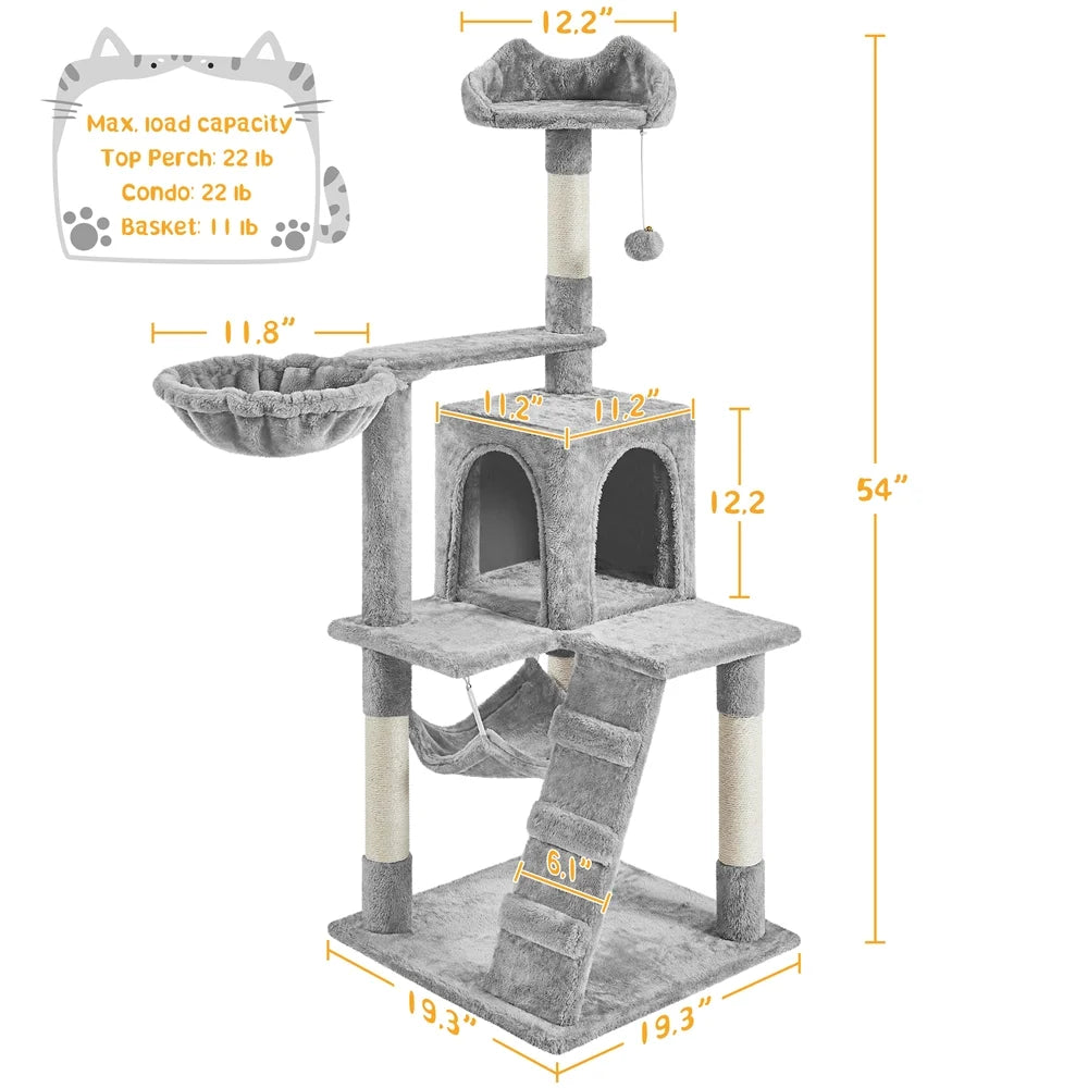 54" Cat Tree with Hammock, Basket and Scratching Post Tower, Light Gray