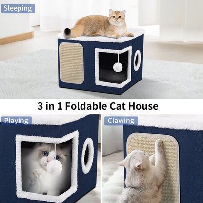 Cat Beds for Indoor Cats,Large Pet Beds for Cats, Cat Cave with Cozy Condo and Scratch Pad,Foldable Cat Cube Hideaway,Blue