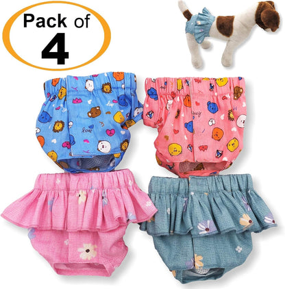 Pack of 4 Dog Female Diapers Sanitary Pants and Skirts Cotton for Small Pet Cat (Pack of 4 - Skirts & Pants, M: Waist: 13" - 16")