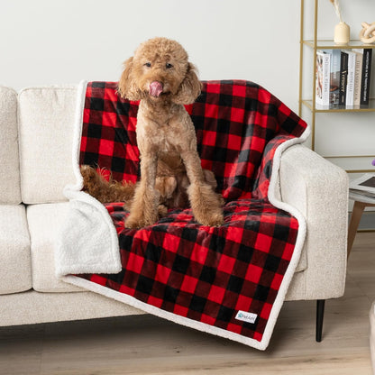 Waterproofdog Blanket for Bed, XL Dog Pet Blanket Couch Cover Protection, Sherpa Fleece Leakproof Bed Blanket for Crate Kennel Sofa Furniture Protector, Reversible Soft Plush 80X60 Checker Red