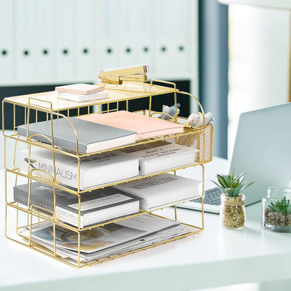 TNELTUEB 6 Tier Stackable Letter Tray, Rose Gold File Organizer Desk Organizers and Accessories for Women with 1 Upper Display Shelf for School