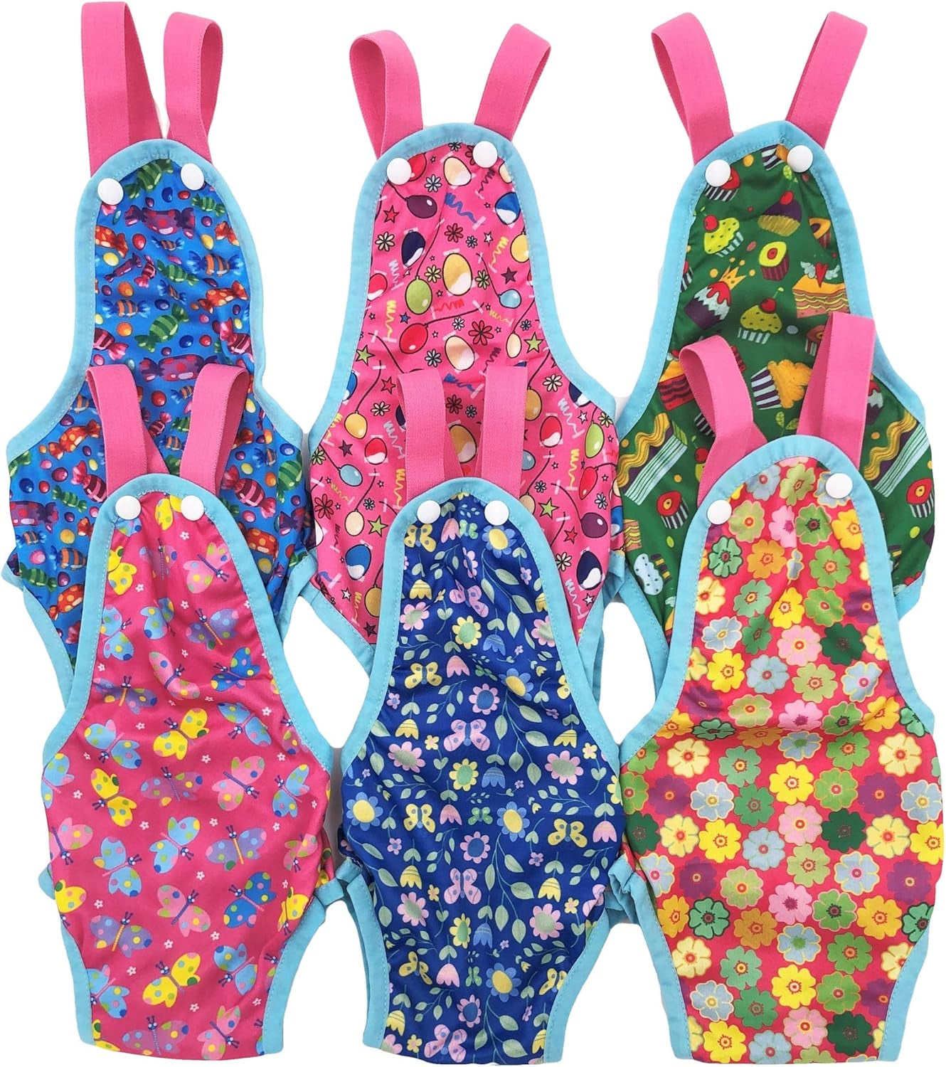 Pack of 2 Female Dog Diapers Sanitary Pantie Washable Reusable with Suspenders Stay on for Small Pet (XS: Waist 12" - 14", Pink Butterfly and Green Cupcake)