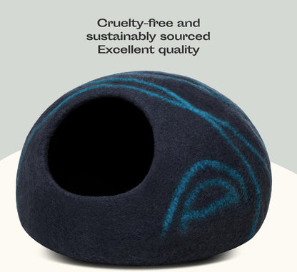 Cat Cave – Premium Felt Cat Bed for Indoor Cats, Handmade 100% Merino Wool (Large, Black Aqua)