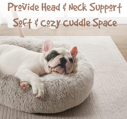 Donut Dog Bed Faux Fur Fluffy Calming Sofa for Medium Dogs, Soft & Plush anti Anxiety Pet Couch for Dogs, Machine Washable Coco Pet Bed with Non-Slip Bottom, 30"X30"X7" Tan