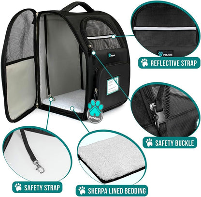 Deluxe Pet Carrier Backpack for Small Cats and Dogs, Puppies | Ventilated Design, Two-Sided Entry, Safety Features and Cushion Back Support | for Travel, Hiking, Outdoor Use