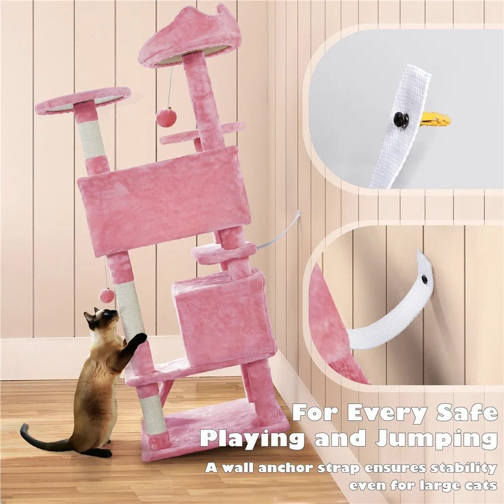 53.9" H Cat Tree with Double Condos, Scratching Posts & Ramp, Pink