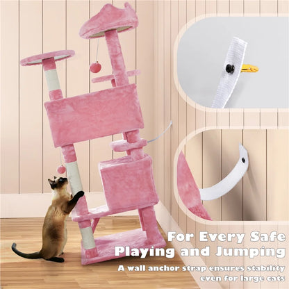 53.9" H Cat Tree with Double Condos, Scratching Posts & Ramp, Pink