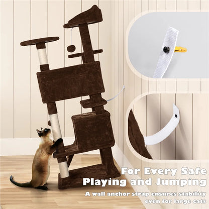 53.9" H Cat Tree with Double Condos, Scratching Posts & Ramp, Brown