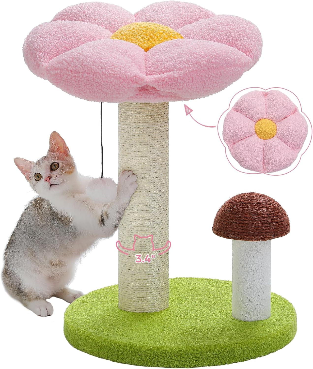 Cat Scratching Post, Mushroom Cat Scratcher Cute Cat Tree Tower with Thick Scratching Post & Removable Flower Cats Bed [Dia=15.7''], Tall Post for Kittens and Indoor, Pink