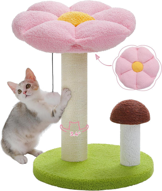 Cat Scratching Post, Mushroom Cat Scratcher Cute Cat Tree Tower with Thick Scratching Post & Removable Flower Cats Bed [Dia=15.7''], Tall Post for Kittens and Indoor, Pink