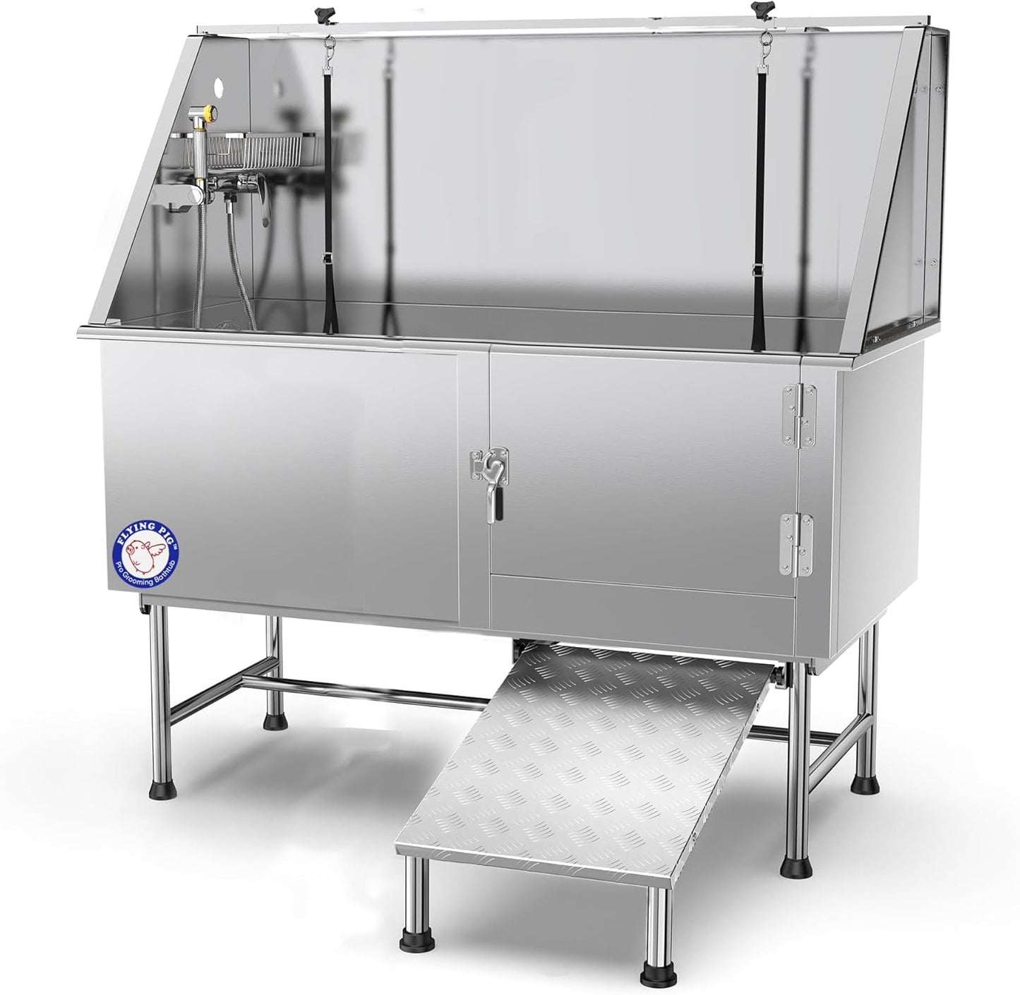 62" Stainless Steel Pet Dog Bath Tub with Faucet (Right Door/Left Drain), 62 X 27 X 58